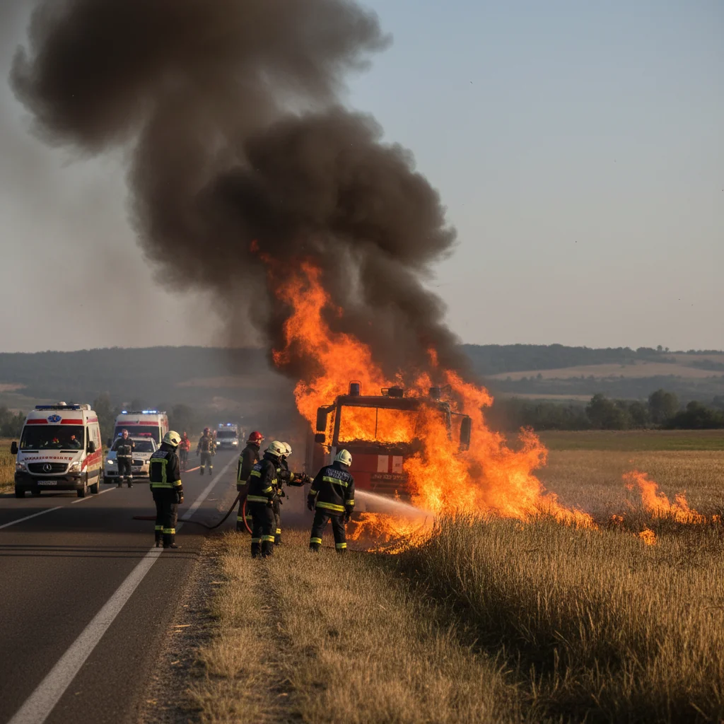 Autospecială de pompieri cuprinsă de flăcări în timpul unei intervenții lângă Alexandria, pe DN 52