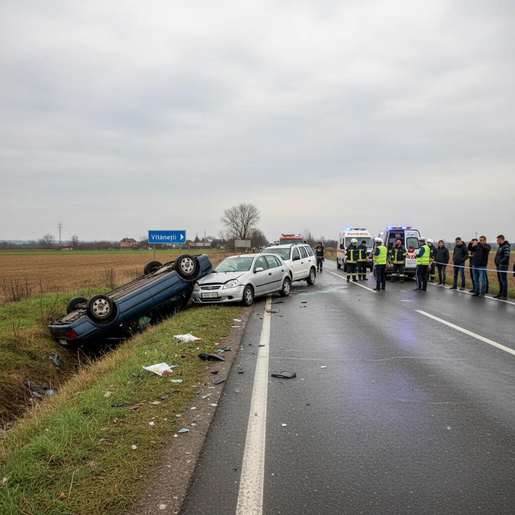 Trafic blocat temporar pe DN6, la Vitănești, după un accident cu trei autoturisme lângă Alexandria
